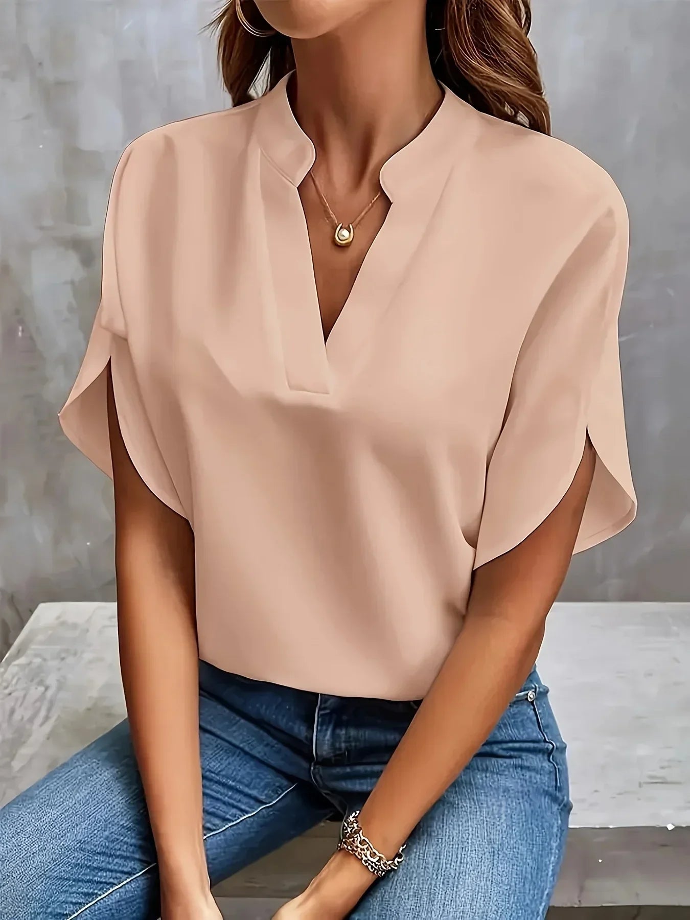 Women's Short Sleeve Split Neck Blouse