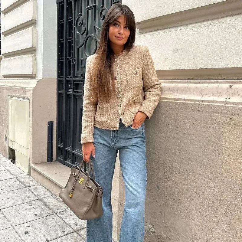 Women's Tweed Cropped Jacket Long Sleeve Beige - Fashinoza