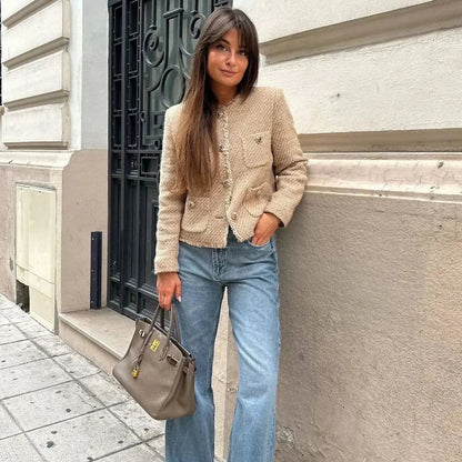 Women's Tweed Cropped Jacket Long Sleeve Beige - Fashinoza