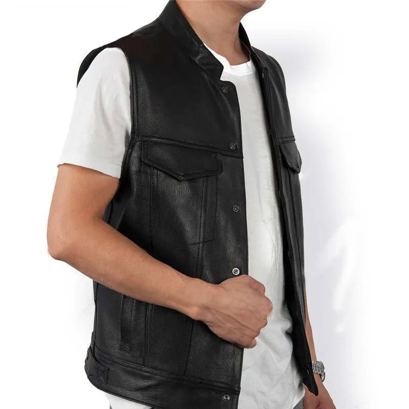 Men's Leather Vest Soft Genuine Leather Zipper Collar