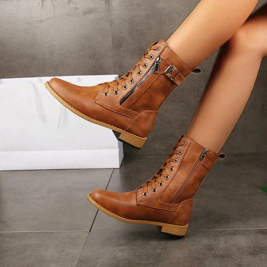 Women's Mid-Calf Combat Boots Lace-Up Buckle Design - 
Fashinoza