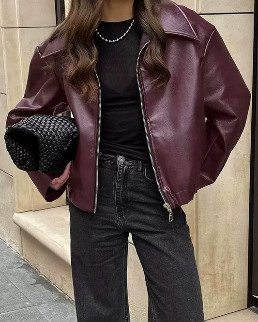 Women's Leather Jacket Zipper Front Classic Lapel Collar - Fashinoza