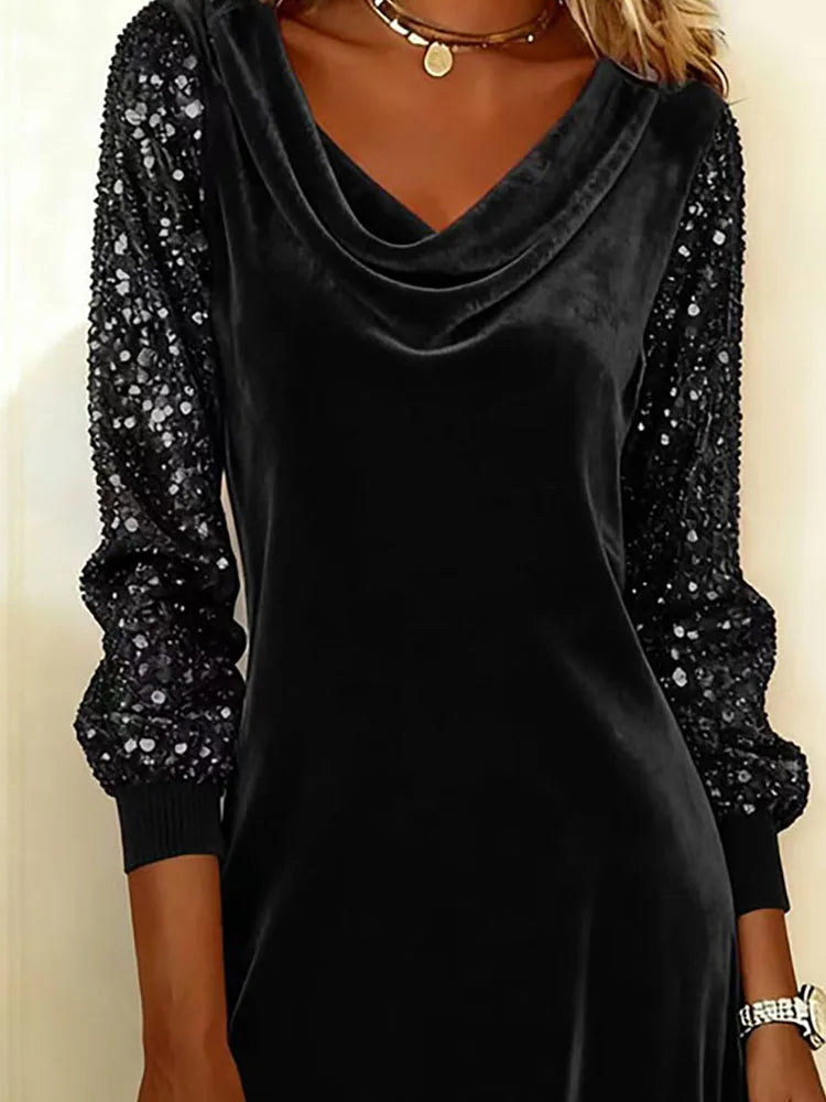 Draped Neck Sequin Sleeve Midi Dress