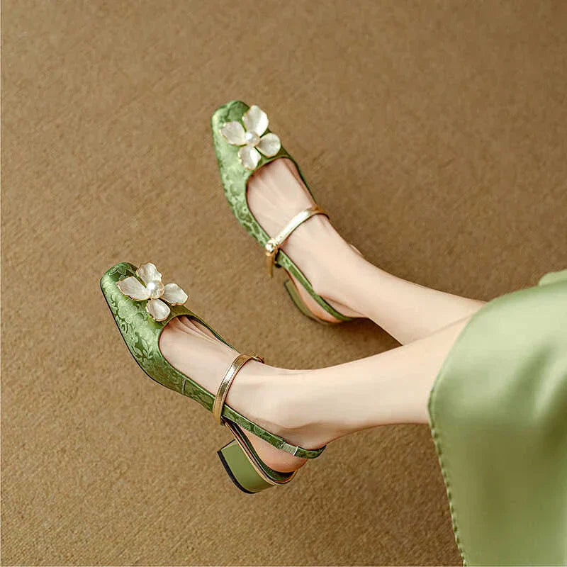 Women's Floral Pumps Block Heel Jacquard Strap