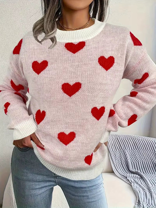 Women's Heart Print Sweater - Fashinoza