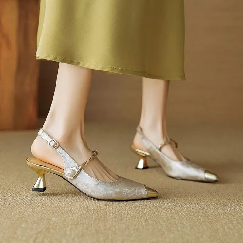 Women's Pearl Kitten Heel Pumps Pointed Toe Slingback