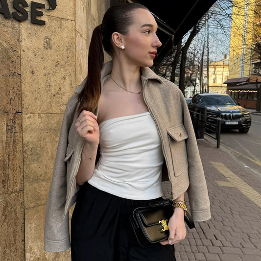 Women's Bomber Jacket Zip Front Cotton Casual Black - Fashinoza