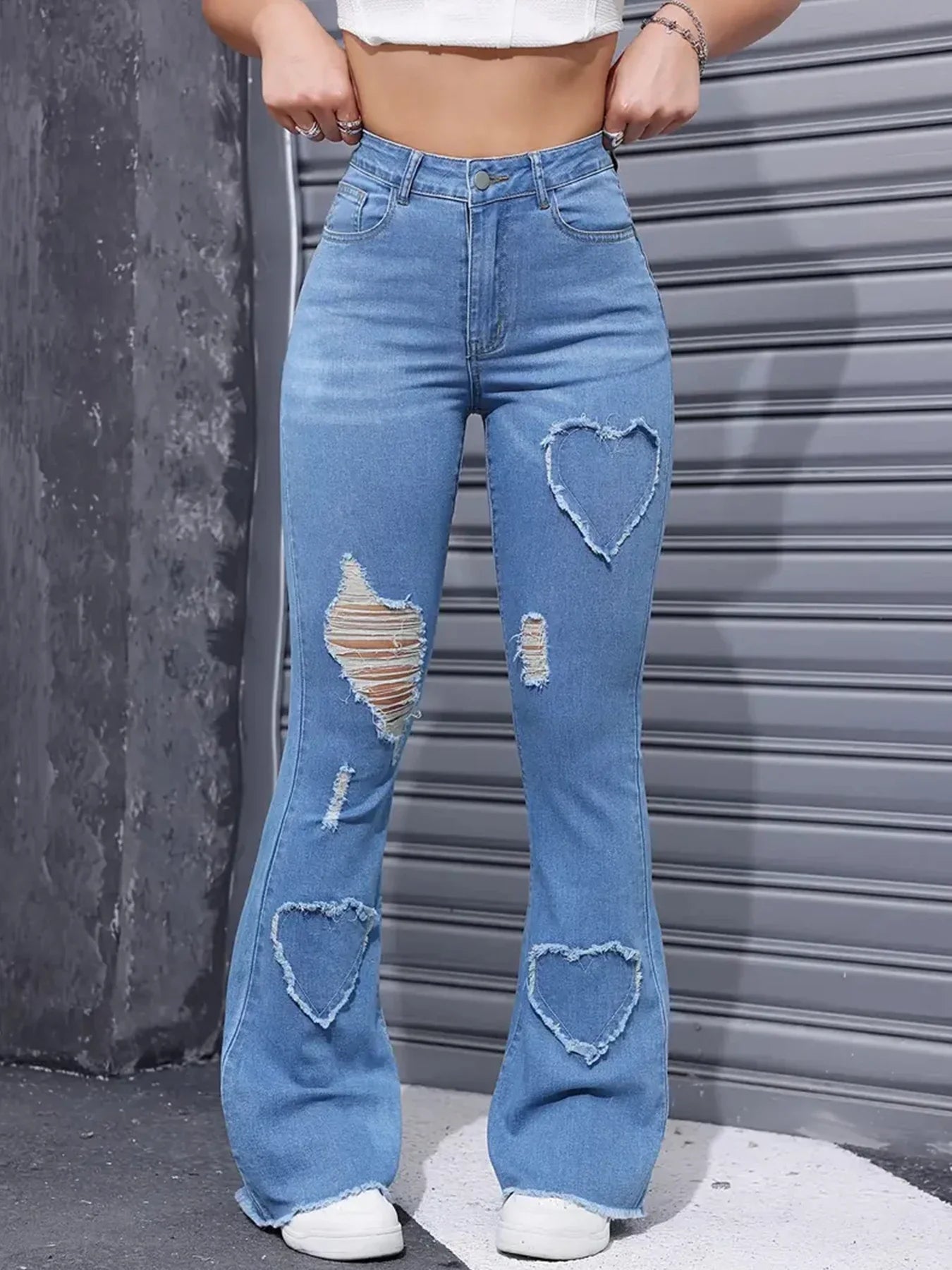 Women's Distressed Jeans Embroidered High Elastic Denim