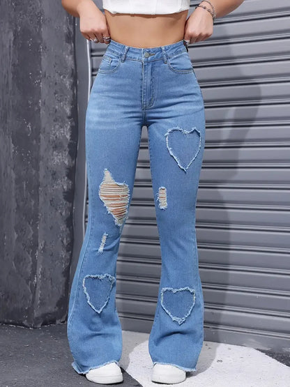 Women's Distressed Jeans Embroidered High Elastic Denim