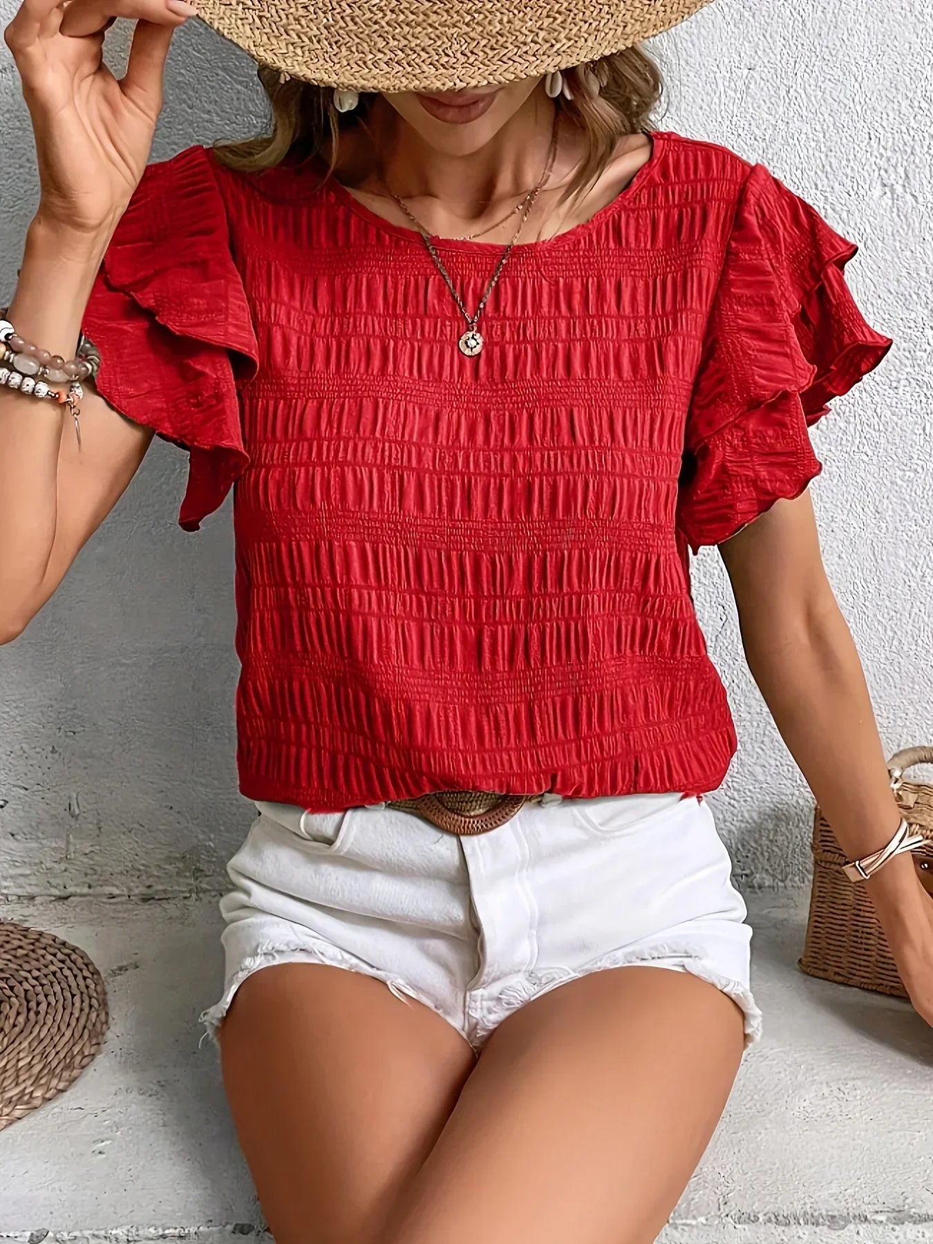 Women's Ruffle Sleeve Blouse Smocked Cotton - 
Fashinoza