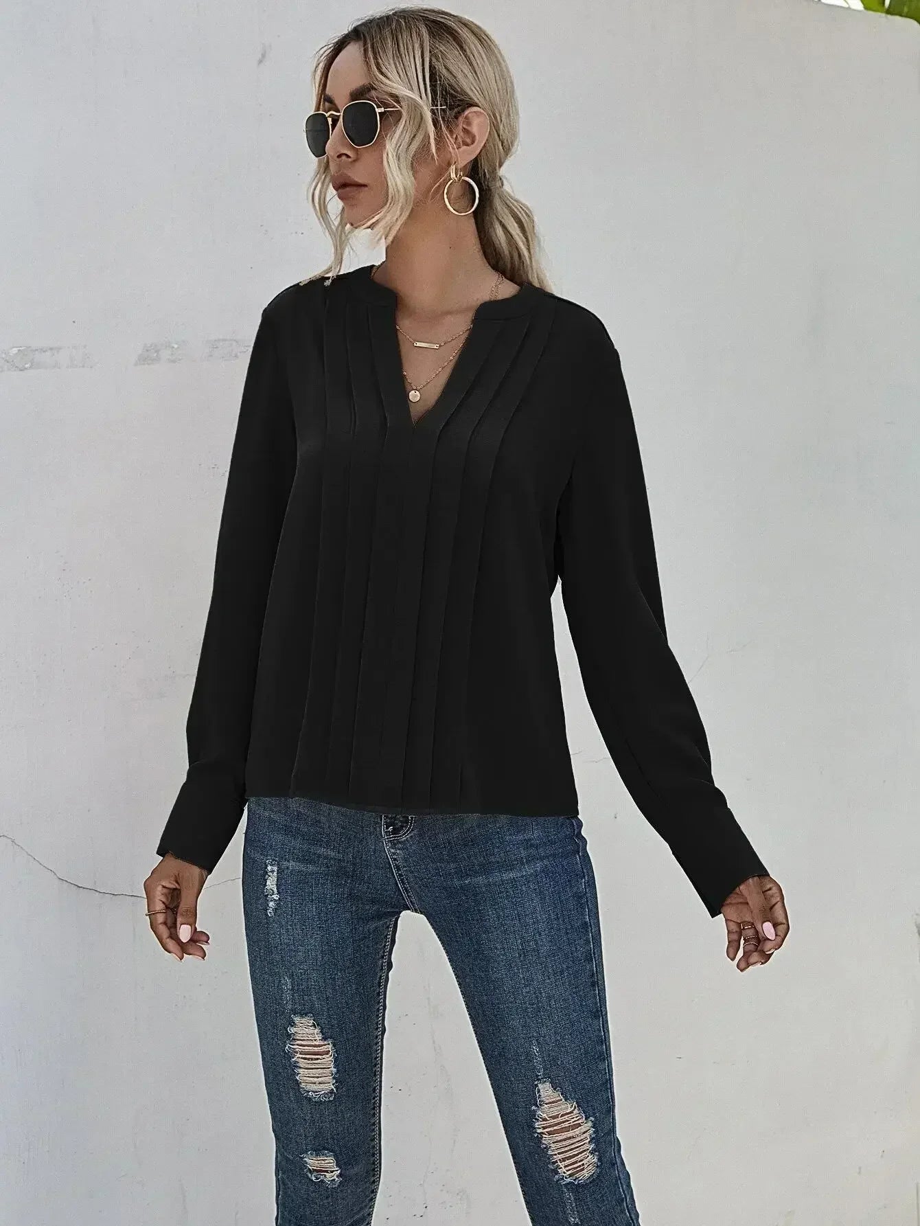 Women's V-Neck Blouse Long Sleeve Pleated