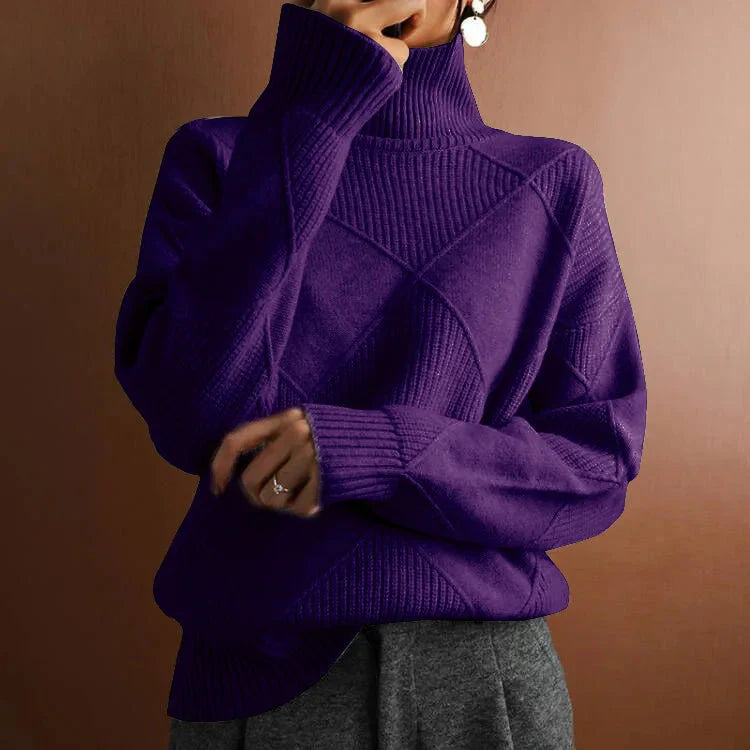 Women's Relaxed Fit Turtleneck Sweater Geometric Ribbed - 
Fashinoza