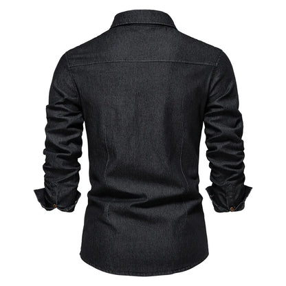 Men's Long Sleeve Shirt Cotton Contrast Buttons Fold Down Collar
