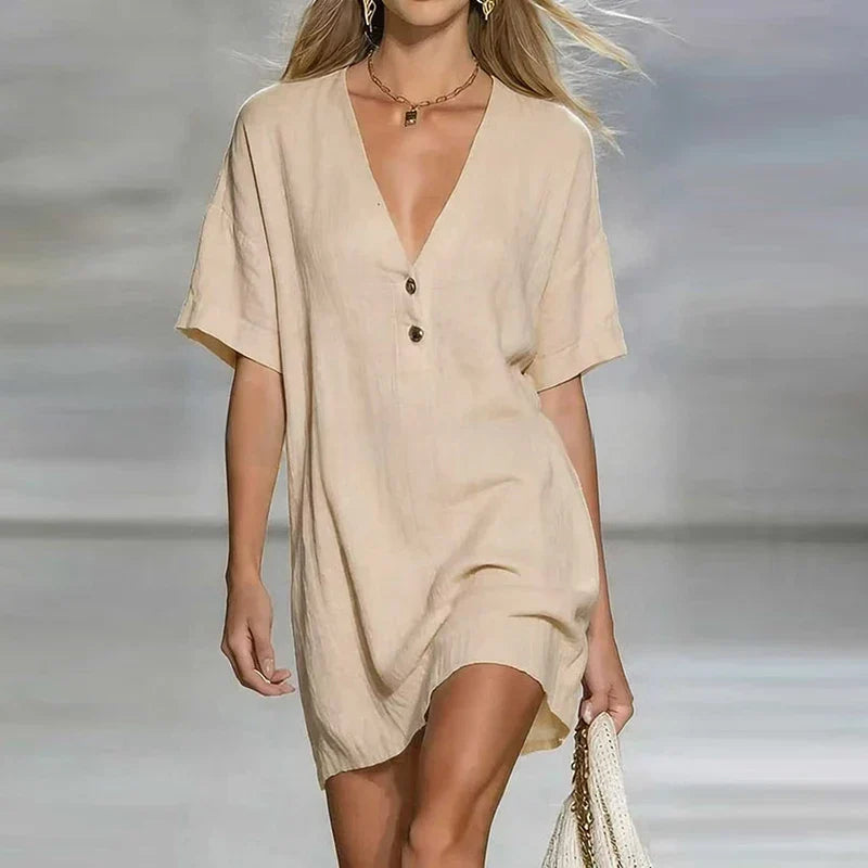 Linen V Neck Shirt Dress