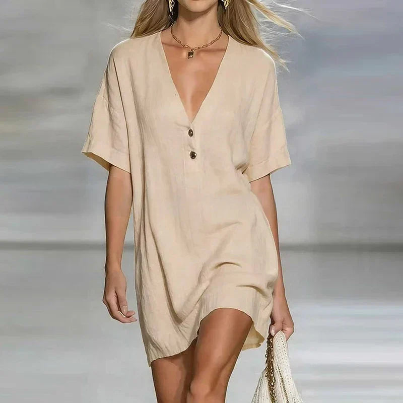 Women's Linen V Neck Shirt Dress