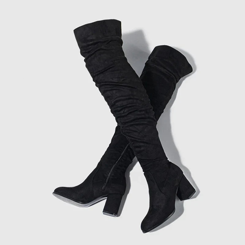 Women's Knee High Boots Pointed Toe Block Heel Slouch Design Black