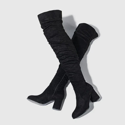 Women's Knee High Boots Pointed Toe Block Heel Slouch Design Black