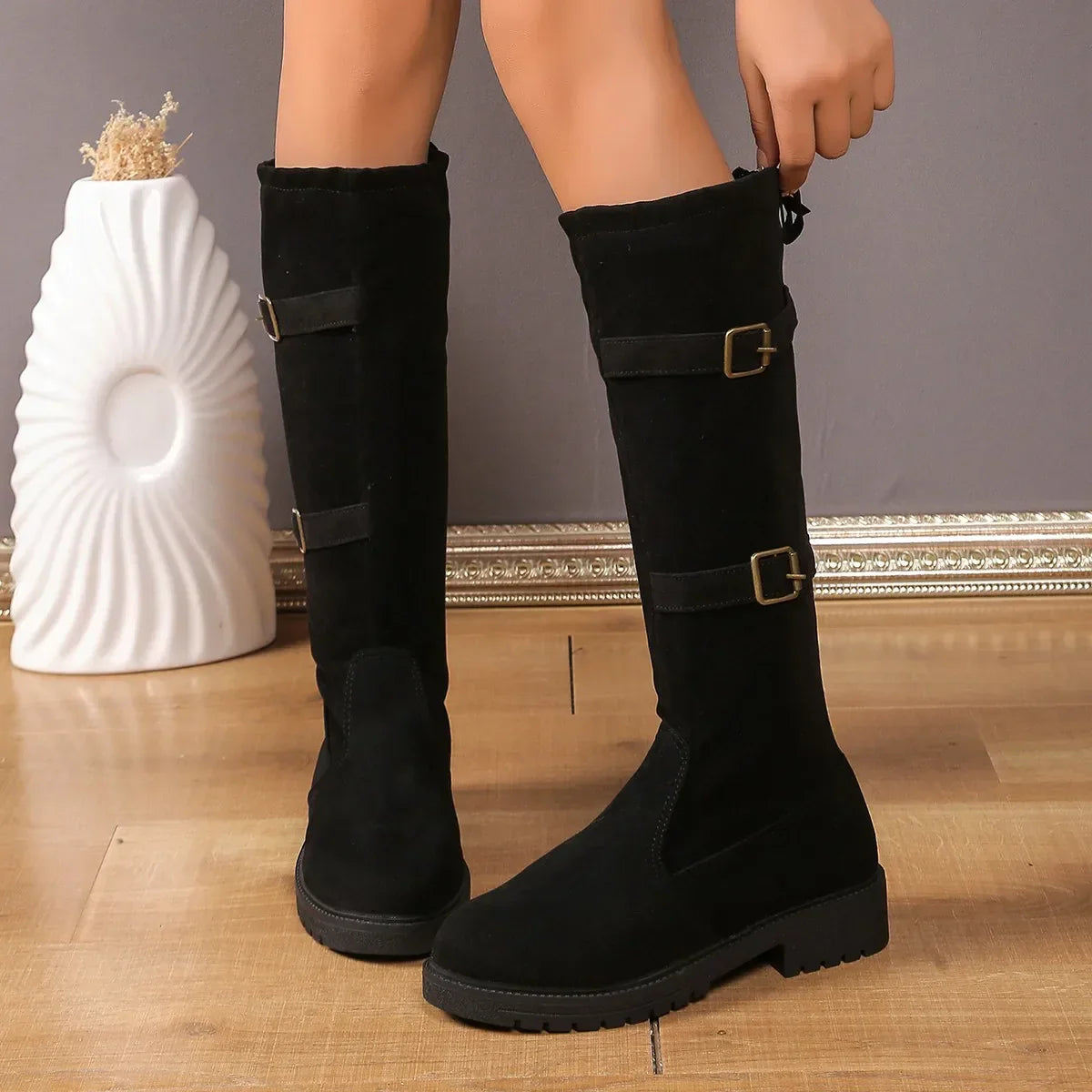Women's Knee High Boots Black Low Heel Leather