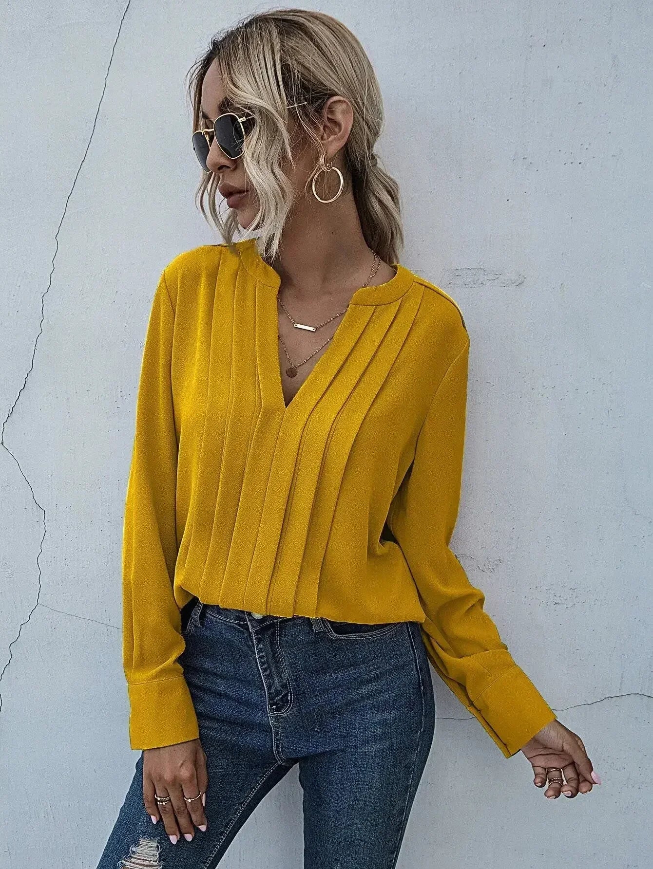 Women's V-Neck Blouse Long Sleeve Pleated