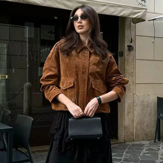 Women's Bomber Jacket Snap Buttons Flap Pockets - Fashinoza