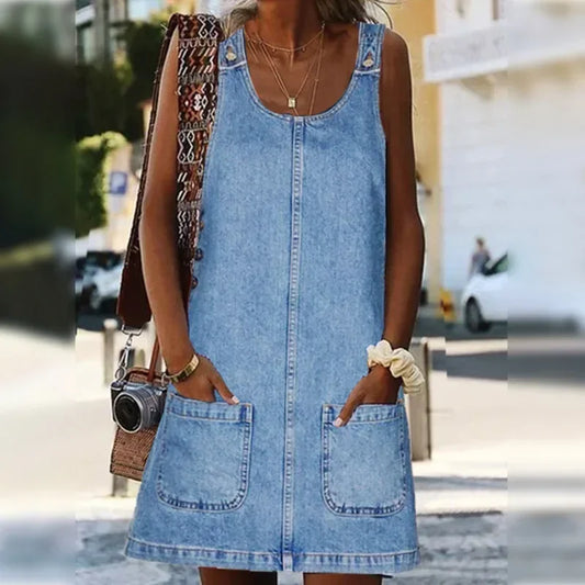 Women's Summer Dress Round Neck Oversized Pockets - Fashinoza