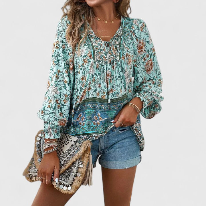 Women's V-Neck Puff Sleeve Blouse Floral