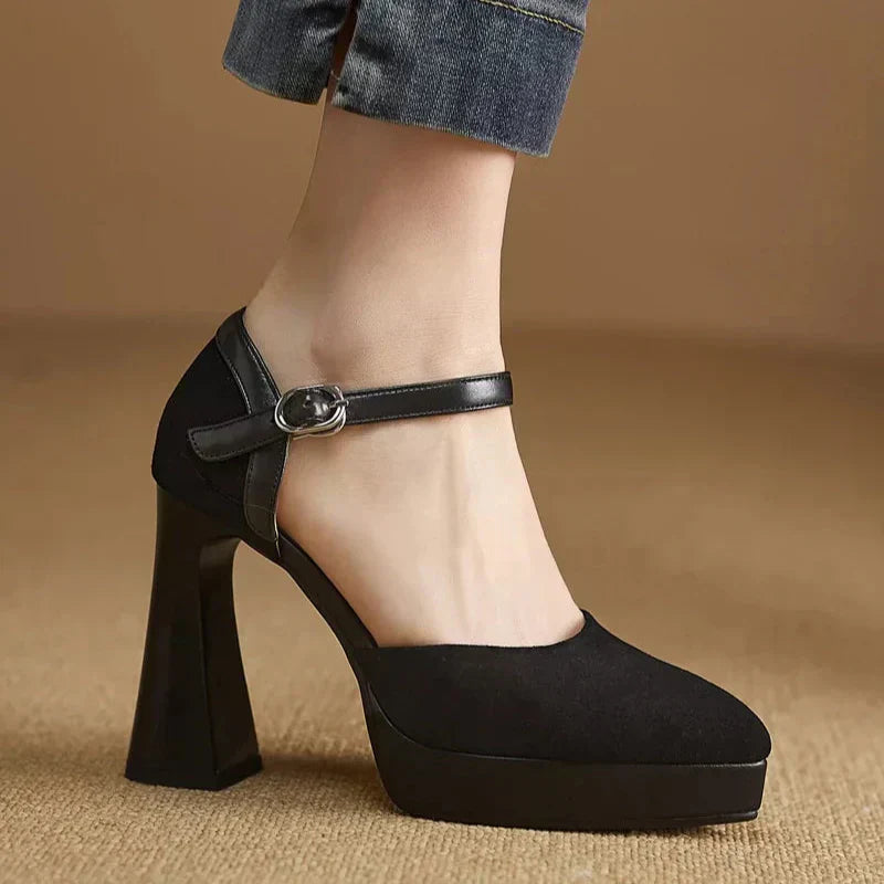 Women's Ankle Strap High Heels Block Pumps