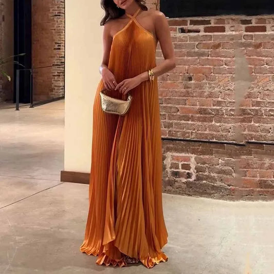 Women's Pleated Halter Maxi Dress Evening - Fashinoza