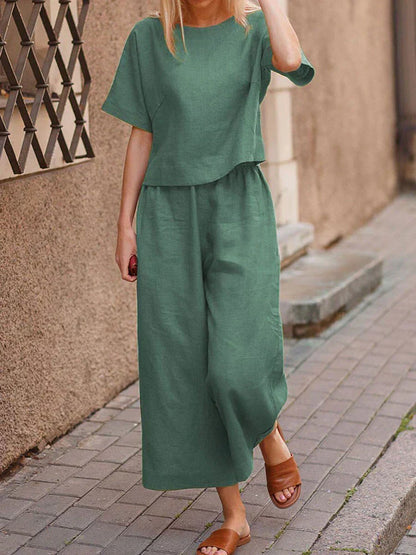 Women's Summer Two Piece Crew Neck T-Shirt Set