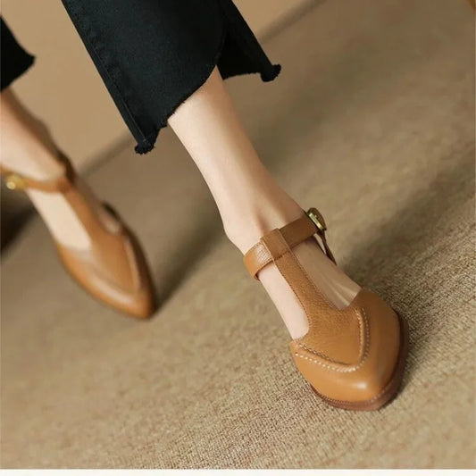 Sloane Women's T-Strap Pointed Toe Flat Shoes Low Heel - Fashinoza