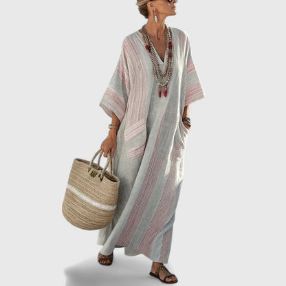 Women's Linen Maxi Dress V-Neck Striped With Pockets