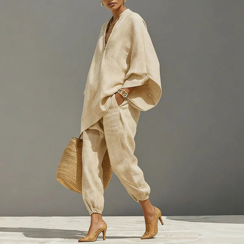 Cordella Women's Linen Pants Set Beige