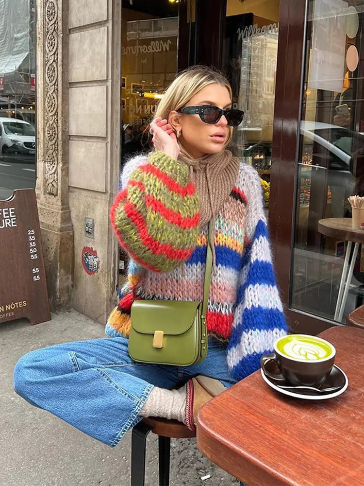 Women's Striped Knit Sweater Multicolor Long Sleeve