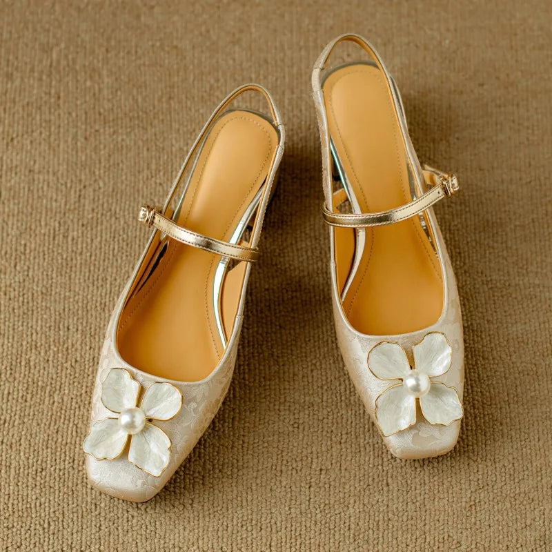 Women's Floral Pumps Block Heel Jacquard Strap