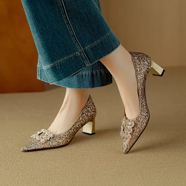 Women's Glitter Pumps Pointed Toe Crystal Buckle Heels - Fashinoza