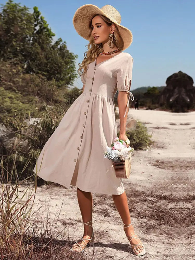 Women's V-Neck Cotton Dress Lightweight Beige