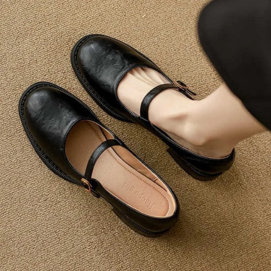 Women's Leather Mary Jane Shoes Low Block Heel Strap - Fashinoza