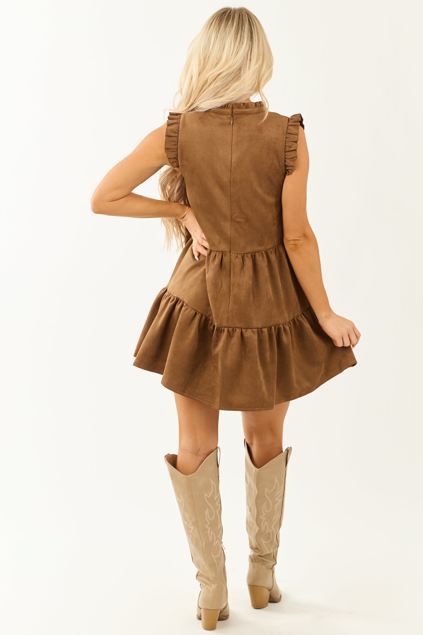 Women's Faux Suede Mini Dress Frill Cuffs Beige