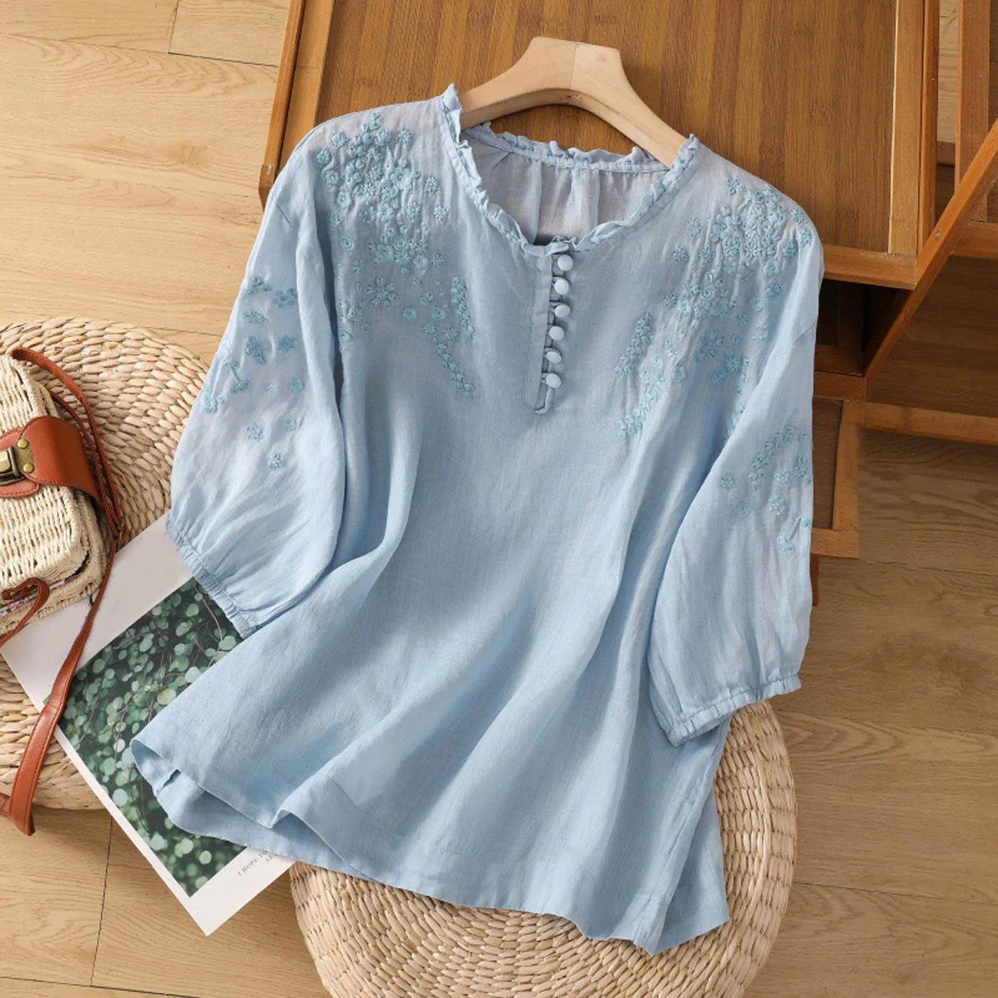 Women's Puff Sleeve Blouse Floral Detail - Fashinoza
