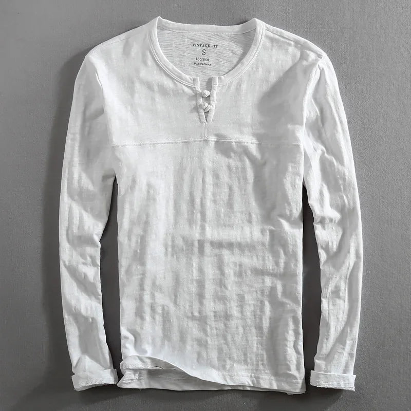 Men's Long Sleeve Henley Cotton Shirt - 
Fashinoza