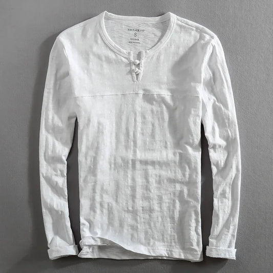 Men's Long Sleeve Henley Cotton Shirt - 
Fashinoza
