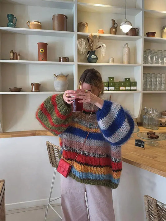 Women's Striped Knit Sweater Multicolor Long Sleeve - 
Fashinoza
