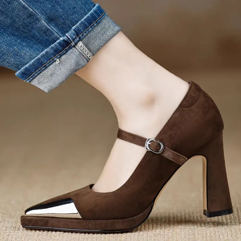 Women's Mary Jane Pumps Cap Toe Block Heel Strap