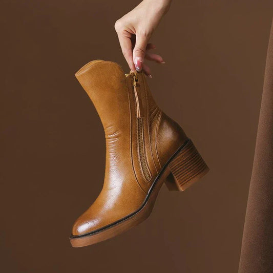 Women's Ankle Boots Zipper Block Heel Design - Fashinoza