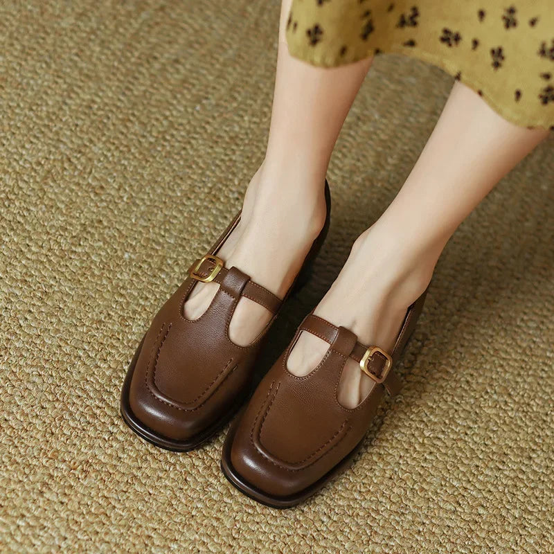Women's T-Strap Mary Jane Square Toe Low Heel Shoes - Fashinoza