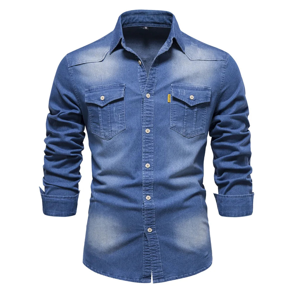 Men's Long Sleeve Shirt Cotton Contrast Buttons Fold Down Collar
