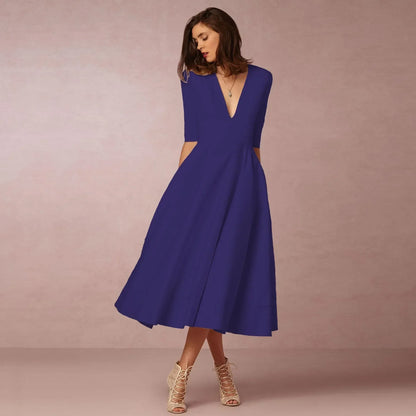 Women's Deep V-Neck Midi Dress Half Sleeves Flared Skirt