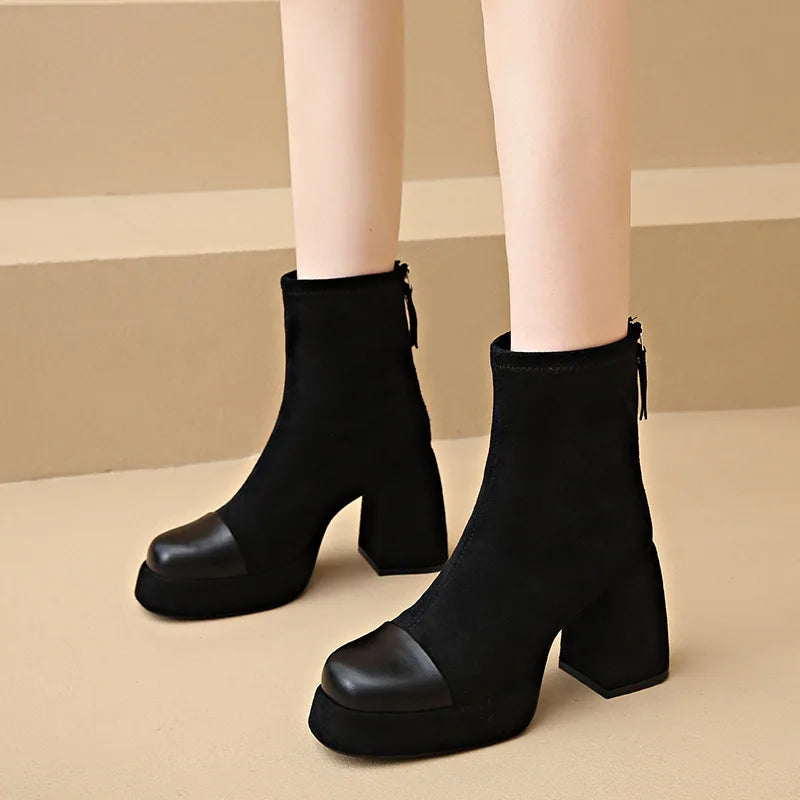 Women's Block Heel Boots Rounded Toe - Fashinoza