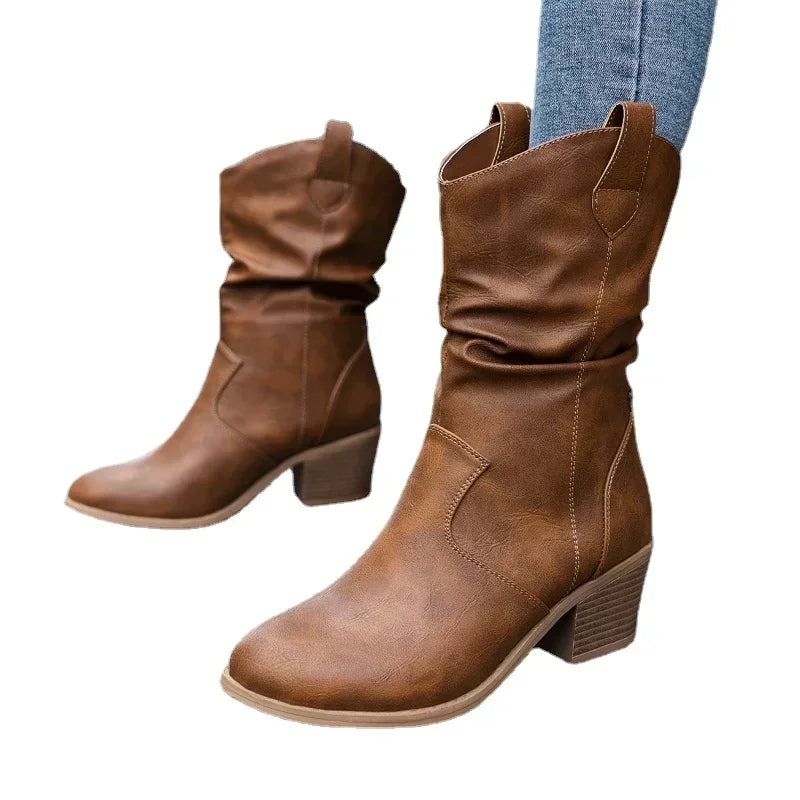 Women's Slouchy Block Heel Mid Calf Boots