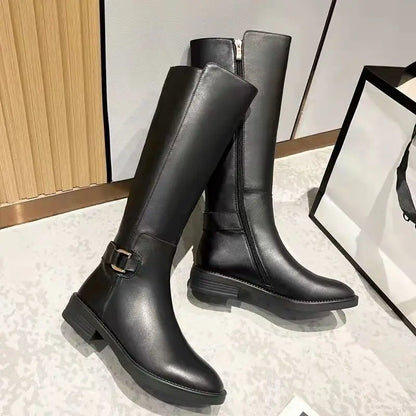 Women's Black Knee High Boots Metal Buckle Side Zip